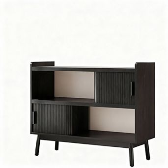 Mid-Century Sideboard Cabinet with Built-in Outlet, Adjustable Shelves, and Fluted Sliding Doors