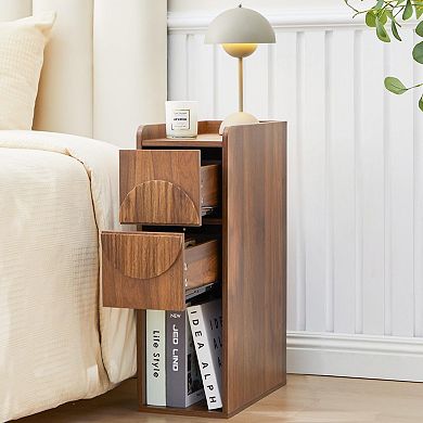 8-inch wide slim side table, bedside table, with 2 drawers - Mid-century design