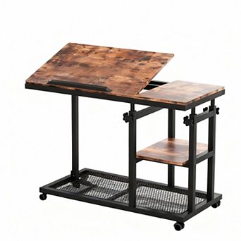 C-shaped side table with wheels and adjustable height, for sofa or bed