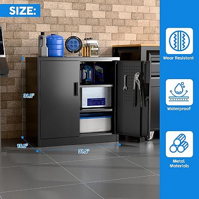 Adjustable Shelves Metal Cabinet with Pegboard, 2 Hooks, 3-Point Lock, Easy Assembly