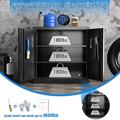 Adjustable Shelves Metal Cabinet with Pegboard, 2 Hooks, 3-Point Lock, Easy Assembly