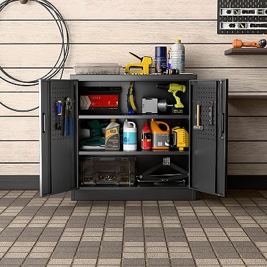 Adjustable Shelves Metal Cabinet with Pegboard, 2 Hooks, 3-Point Lock, Easy Assembly