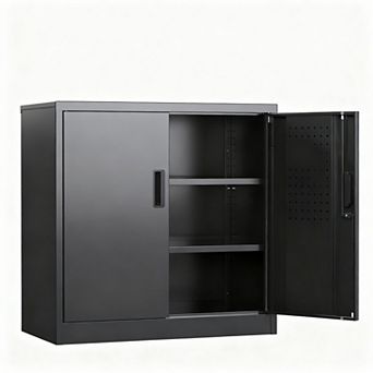 Adjustable Shelves Metal Cabinet with Pegboard, 2 Hooks, 3-Point Lock, Easy Assembly