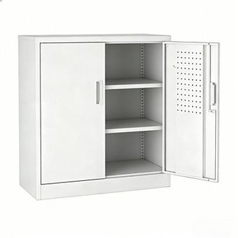 Adjustable Shelves Metal Cabinet with Pegboard, 2 Hooks, 3-Point Lock, Easy Assembly