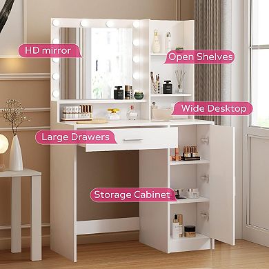 Adjustable Brightness Makeup Desk with 12 LED Lights, Large Storage, Durable, Easy Install