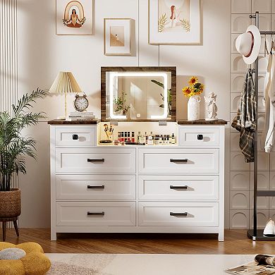8-Drawer LED Mirror Wood Dresser for Bedroom