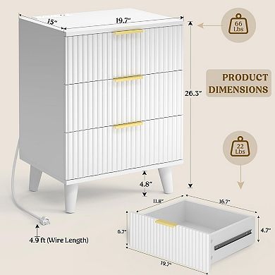 Fluted White Nightstand Set - 3 Drawers, Charging Station, Sturdy, Easy Assembly