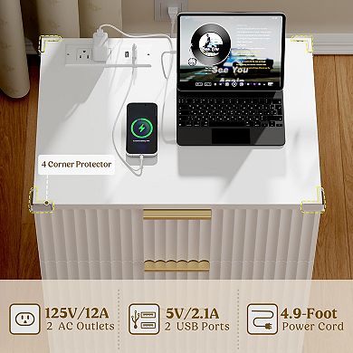 Fluted White Nightstand Set - 3 Drawers, Charging Station, Sturdy, Easy Assembly