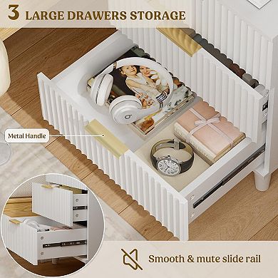 Fluted White Nightstand Set - 3 Drawers, Charging Station, Sturdy, Easy Assembly