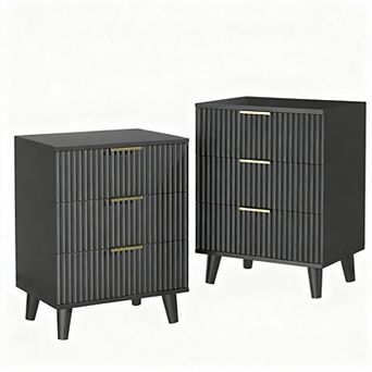 Fluted White Nightstand Set - 3 Drawers, Charging Station, Sturdy, Easy Assembly