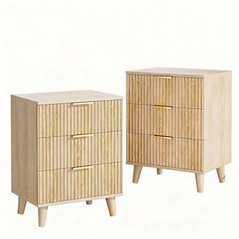 Fluted White Nightstand Set - 3 Drawers, Charging Station, Sturdy, Easy Assembly