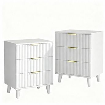 Fluted White Nightstand Set - 3 Drawers, Charging Station, Sturdy, Easy Assembly
