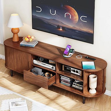 Mid-Century Modern TV Stand, 80" TV Fit, 8 Storage Spaces