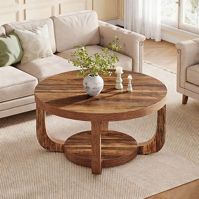 Dark Brown 2-Tier Round Coffee Table with Storage