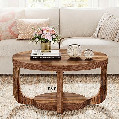 Dark Brown 2-Tier Round Coffee Table with Storage