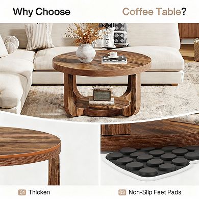Dark Brown 2-Tier Round Coffee Table with Storage