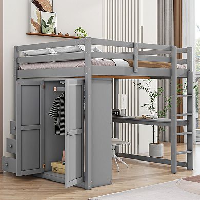Merax Wood Full Size Loft Bed with Built-in Wardrobe, Desk, Storage Shelves and Drawers