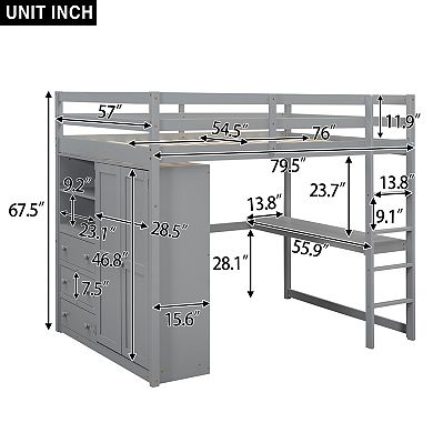 Merax Wood Full Size Loft Bed with Built-in Wardrobe, Desk, Storage Shelves and Drawers