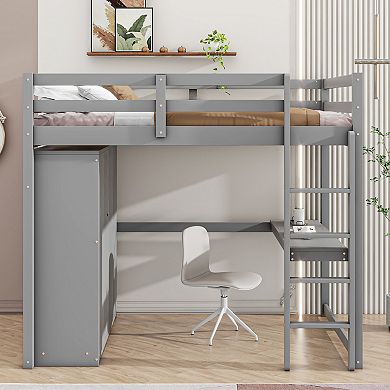 Merax Wood Full Size Loft Bed with Built-in Wardrobe, Desk, Storage Shelves and Drawers