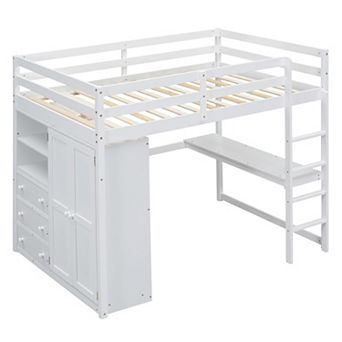 Merax Wood Full Size Loft Bed with Built-in Wardrobe, Desk, Storage Shelves and Drawers