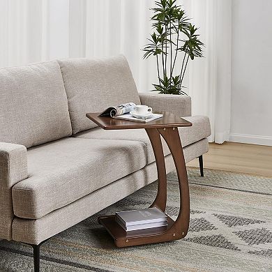 C-shaped Pulley End Side Table - Walnut Color, Easy to Assemble, Multipurpose