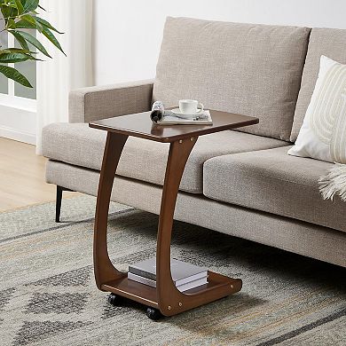 C-shaped Pulley End Side Table - Walnut Color, Easy to Assemble, Multipurpose