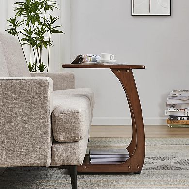 C-shaped Pulley End Side Table - Walnut Color, Easy to Assemble, Multipurpose