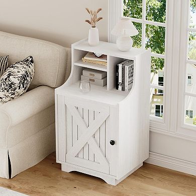 Country-style side table with shelf, storage function, and barn door design, bedside table
