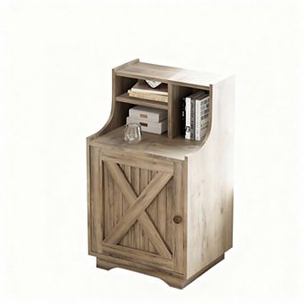 Country-style side table with shelf, storage function, and barn door design, bedside table