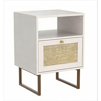 Boho Farmhouse Rattan Nightstand with Drawer and Shelf
