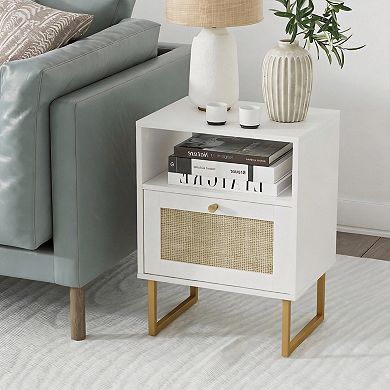 Boho Farmhouse Rattan Nightstand with Drawer and Shelf