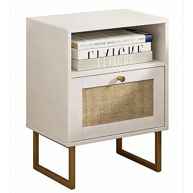 Boho Farmhouse Rattan Nightstand with Drawer and Shelf