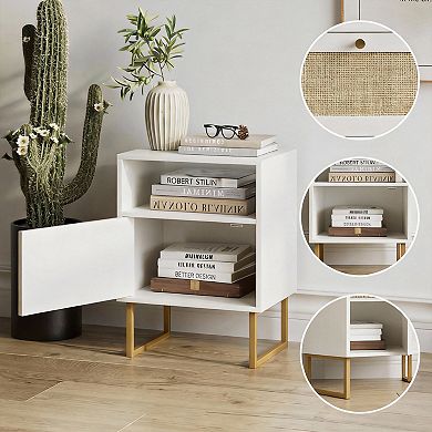 Boho Farmhouse Rattan Nightstand with Drawer and Shelf