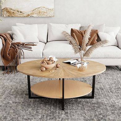 Ash Wood Oval Coffee Table with Metal X-Base for Living Room