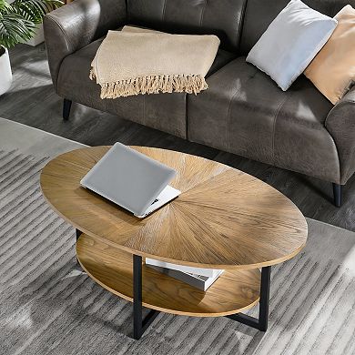 Ash Wood Oval Coffee Table with Metal X-Base for Living Room