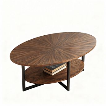 Ash Wood Oval Coffee Table with Metal X-Base for Living Room