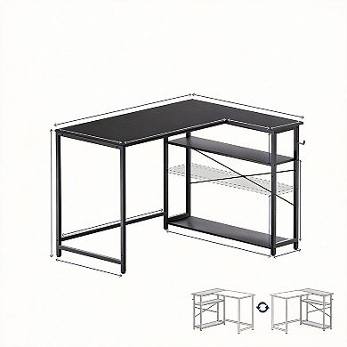 43" L-Shaped Desk, Reversible Shelves, Adjustable Storage, Sturdy, Easy Install