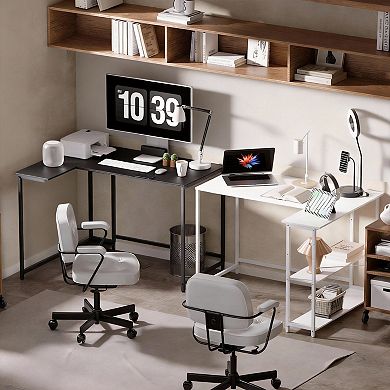 43" L-Shaped Desk, Reversible Shelves, Adjustable Storage, Sturdy, Easy Install