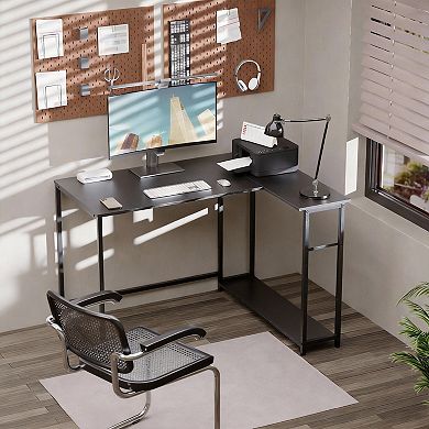 43" L-Shaped Desk, Reversible Shelves, Adjustable Storage, Sturdy, Easy Install