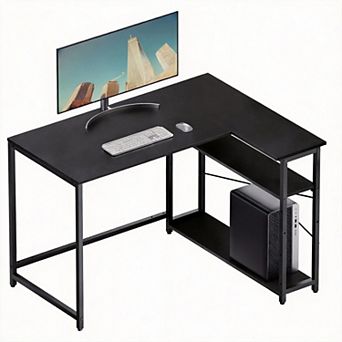 43" L-Shaped Desk, Reversible Shelves, Adjustable Storage, Sturdy, Easy Install