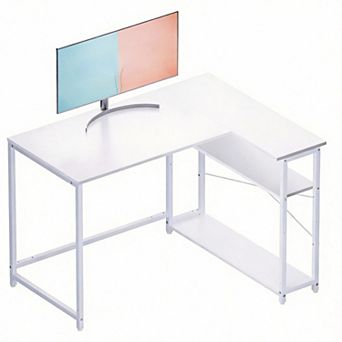 43" L-Shaped Desk, Reversible Shelves, Adjustable Storage, Sturdy, Easy Install