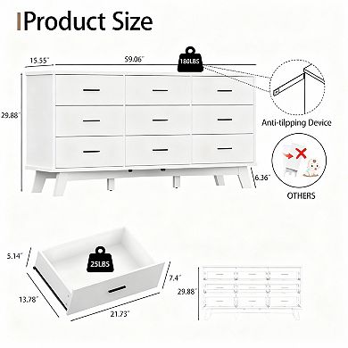 9-Drawer Modern Dresser with X-Shaped Base for Bedroom or Living Room