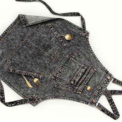 Denim Apron with Pockets for Stylists & Baristas - Cross Straps & Adjustable