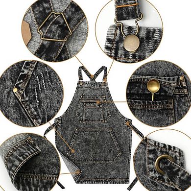 Denim Apron with Pockets for Stylists & Baristas - Cross Straps & Adjustable