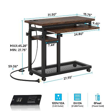 Adjustable Height Desk with USB & Outlet, Rolling, Space-saving