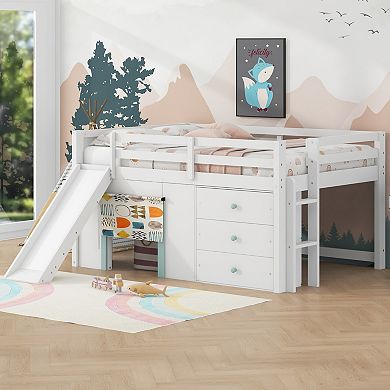 Merax Full Size Low Loft Bed with Slide, Three Storage Drawers and Two Doors