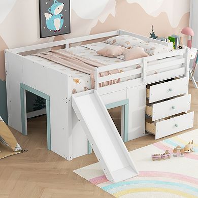 Merax Full Size Low Loft Bed with Slide, Three Storage Drawers and Two Doors