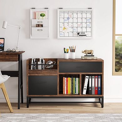 Country-style filing cabinet with 2 drawers and a storage shelf, ideal for a home office
