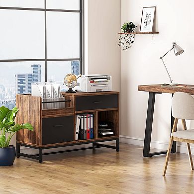 Country-style filing cabinet with 2 drawers and a storage shelf, ideal for a home office