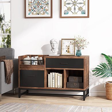 Country-style filing cabinet with 2 drawers and a storage shelf, ideal for a home office